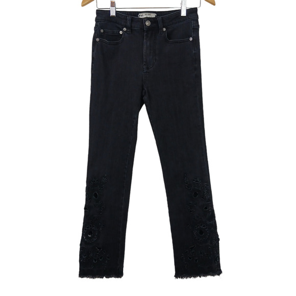 Free People SZ 25 Black High Rise Fringe Hem Jeans With BOHO Leg Cutouts - Picture 2 of 7